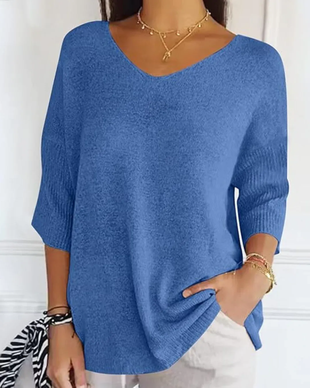 Blusa de Punto Ligera con Cuello en V y Manga Francesa para Mujer - Imagen 2