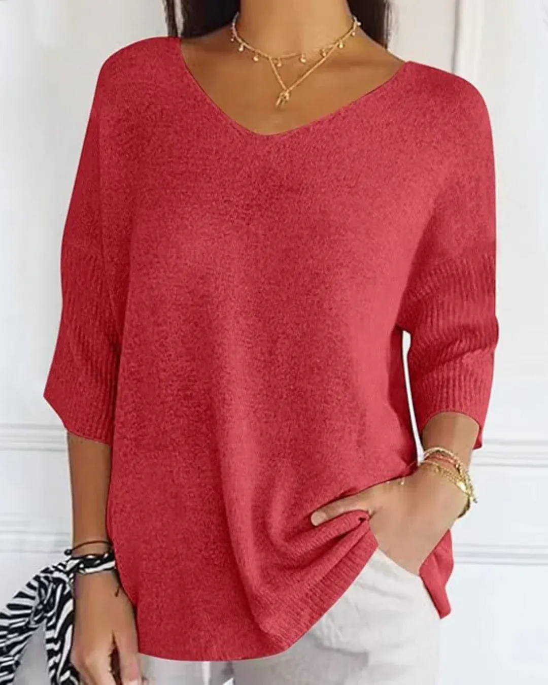 Blusa de Punto Ligera con Cuello en V y Manga Francesa para Mujer - Imagen 3