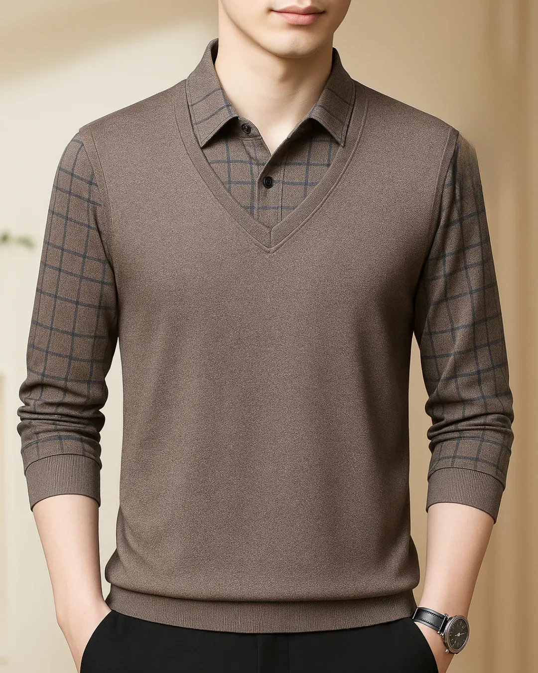 Camisa de Hombre con Diseño de Cuello en V y Mangas de Cuadros - Imagen 5